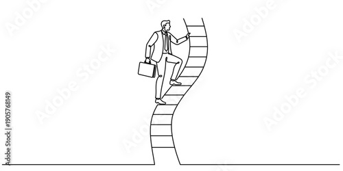A continuous line drawing of a businessman in a suit climbing the number one marketing ladder aimed at making money. Vector illustration in the style of a financial concept. Editable stroke