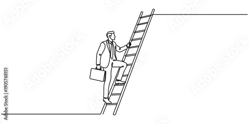 A continuous line drawing of a businessman in a suit climbing the number one marketing ladder aimed at making money. Vector illustration in the style of a financial concept. Editable stroke