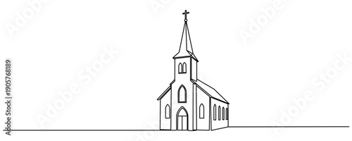 Continuous one line drawing of church icon ,Church Single continuous line illustration. Outline sketch. Editable stroke