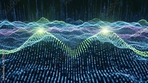 Abstract Data Visualization - Digital Landscape with Flowing Information.