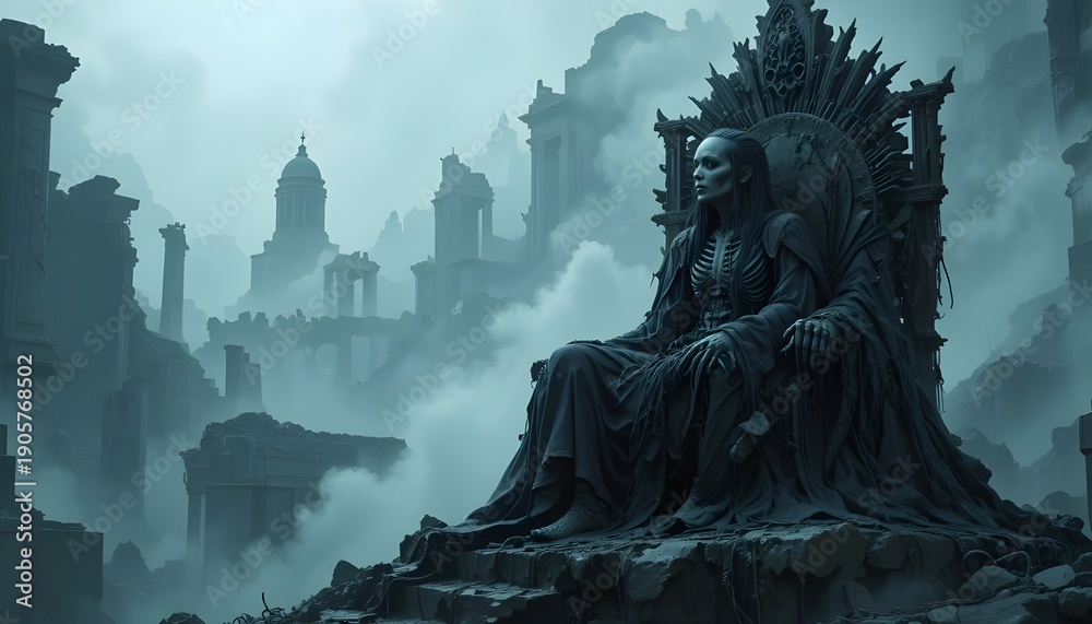 Obraz premium Masterpiece. Best quality. Attention grabbing. ultra detailed. A haunting image of a lone, skeletal queen draped in tattered royal robes, contemplating her lost kingdom from a crumbling obsidia