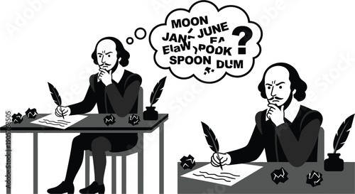 Two men in black suits sitting at desks writing with quill pens and thinking