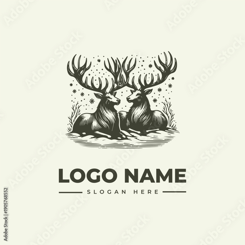 A vintage-style woodcut illustration of two deer with large antlers forming a logo design on a neutral background with the text 'LOGO NAME' and 'SLOGAN HERE' in a classic, iconic layout.