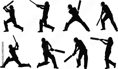 Cricket player silhouettes collection, batsman action poses with bat isolated on white background, sports vector illustration set