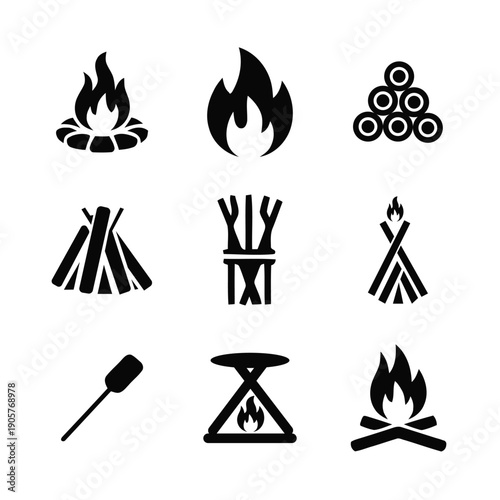 Set of Campfire burning wood nature vector illustration on white background