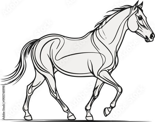 Clean vector line illustration of a horse walking steadily forward, progress and momentum concept, minimalist monoline stroke