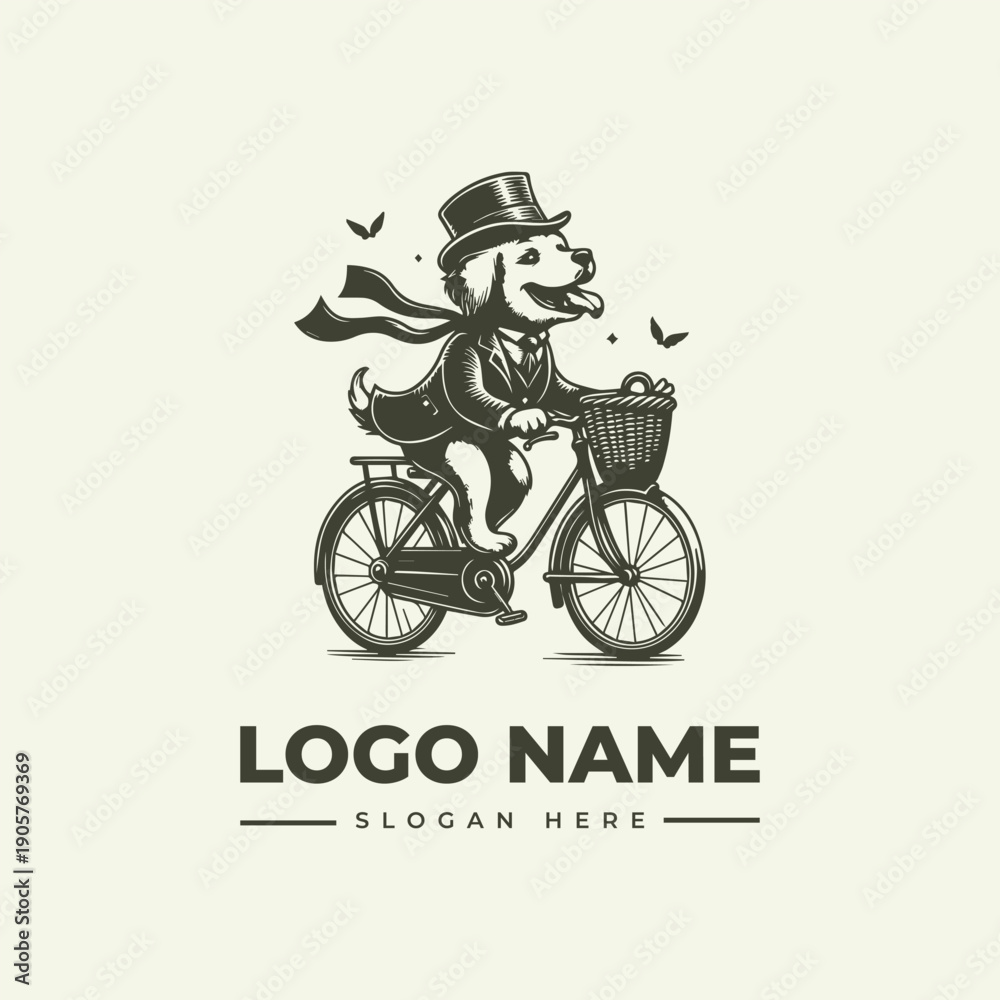 Obraz premium Vintage engraving of a dog wearing a top hat and suit riding a bicycle with a basket against a clean white background.