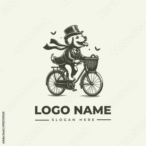 Vintage engraving of a dog wearing a top hat and suit riding a bicycle with a basket against a clean white background.