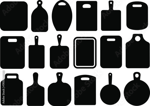 Cutting board silhouettes collection set, black kitchen chopping boards isolated on white background, cooking utensil vector illustration bundle