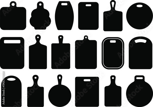 Kitchen cutting board silhouettes collection, black chopping board shapes isolated on white background, cooking utensil vector illustration set