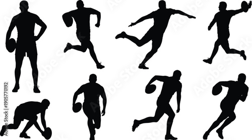 Rugby player silhouettes collection, athletes running and passing ball isolated on white background, team sport vector illustration set