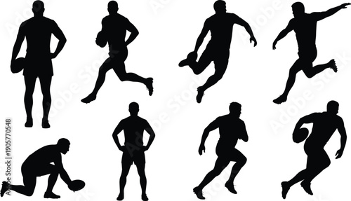 Rugby player silhouettes set, athletes running with ball in action poses isolated on white background sports vector illustration collection