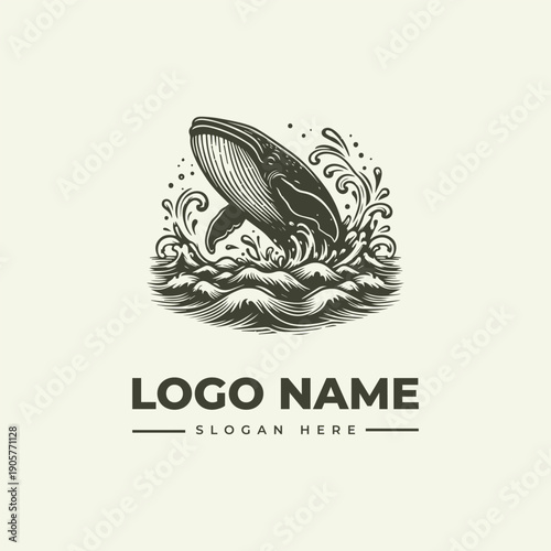 A vintage engraving-style logo featuring a whale jumping out of waves, with the text 'LOGO NAME' and 'SLOGAN HERE' on a clean white background, showcasing a woodcut illustration with iconic