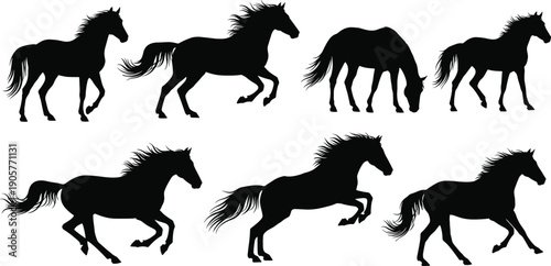 Black Horse Silhouette Vector Set Featuring Wild Stallions Running Galloping Jumping and Grazing in Minimalist Style for Equestrian Nature Wildlife and Sport Graphic Design