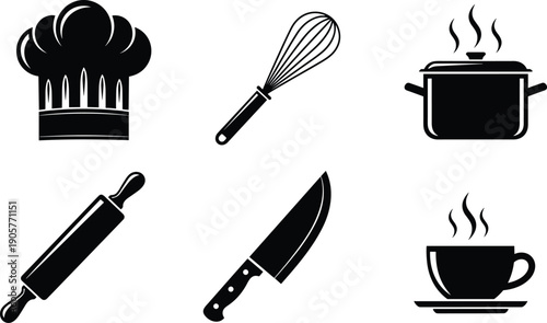 Kitchen cooking utensils silhouette icon set including chef hat, whisk, pot, rolling pin, knife and hot coffee cup
