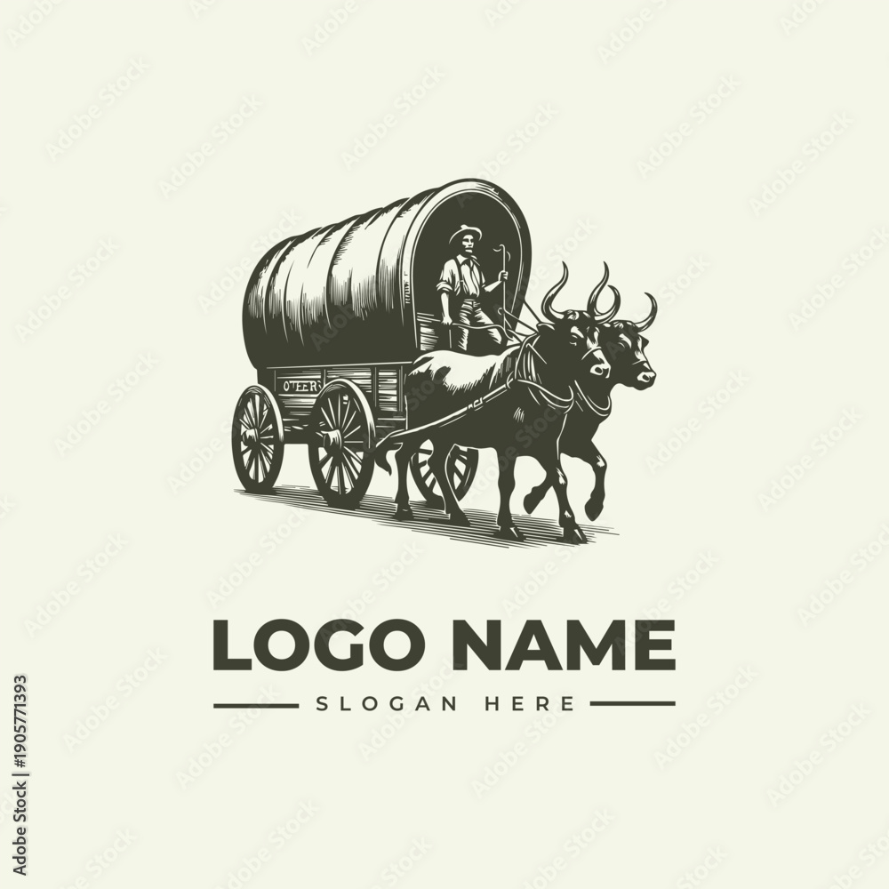 Fototapeta premium A vintage-style woodcut illustration of a man driving an ox-drawn wagon with a large barrel, featuring a logo template with a placeholder name and slogan on a cream background.