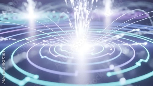 Abstract Data Visualization - Neon Rings and Digital Waves.