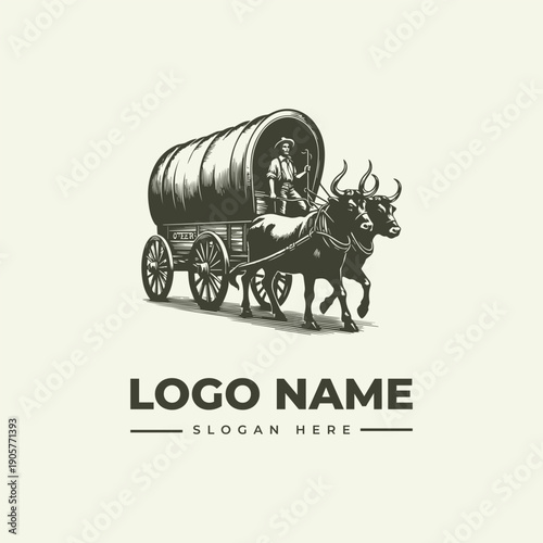 A vintage-style woodcut illustration of a man driving an ox-drawn wagon with a large barrel, featuring a logo template with a placeholder name and slogan on a cream background.