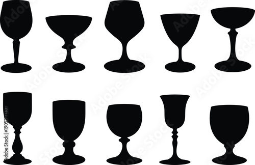 Elegant wine and cocktail glass silhouettes collection, black goblet and stemware shapes isolated on white background, minimalist vector illustration set