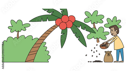 Man harvesting coconuts from a palm tree in a tropical garden