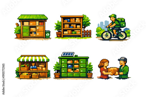 Delivery and logistics icon set. Including bike, parcel, storage, shop, delivery, customer, cart, warehouse, green, and more.