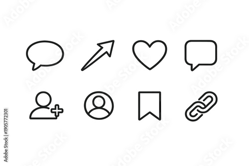 Communication and social interaction icon set. Containing chat, arrow, heart, user, comment, bookmark, link, and more.