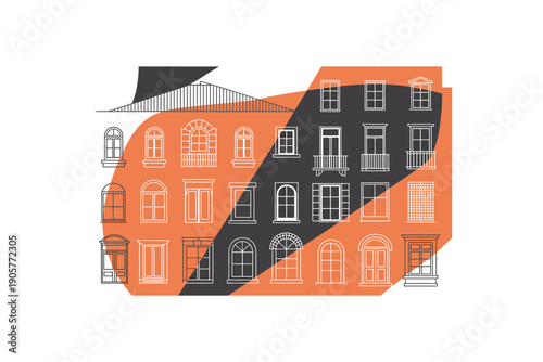 Abstract architectural illustration showcasing diverse building facades and window designs.