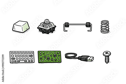 Technology and hardware icon set. Featuring keyboard, circuit, connector, spring, screw, and more.
