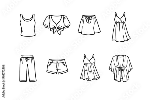 Fashion and Clothing Icon Set. Containing shirt, dress, shorts, top, pants, skirt, blouse, outfit, apparel, and more.