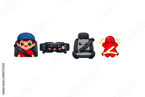 Safety and Seatbelt Icon Set. Containing child, buckle, belt, alert, warning, comfort, protection, travel and more.