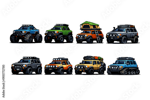 Vehicles icon set. Containing SUV, truck, off-road, camping, adventure, 4x4, transport, utility, and more.