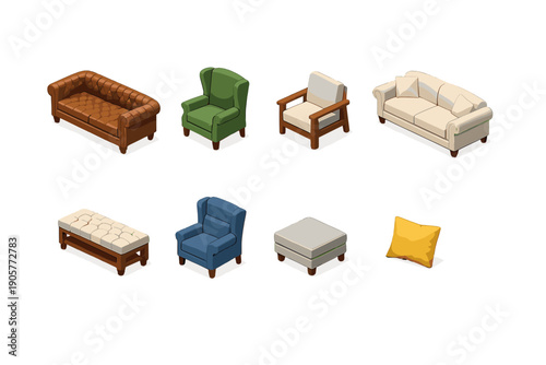 Furniture Icons Set: Sofa, Armchair, Ottoman, Cushion, Table, Stool, Recliner, Footrest