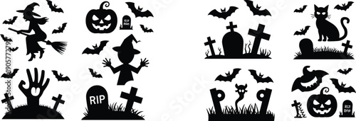 Halloween Silhouette Vector Mega Set Featuring Spooky Witch on Broomstick, Jack O Lantern Pumpkins, Cemetery Gravestones, Bats, and Black Cat for DIY Craft Projects