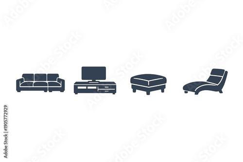 Furniture icon set. Containing sofa, couch, chair, table, lamp, bed, ottoman, dresser, shelf, and more.