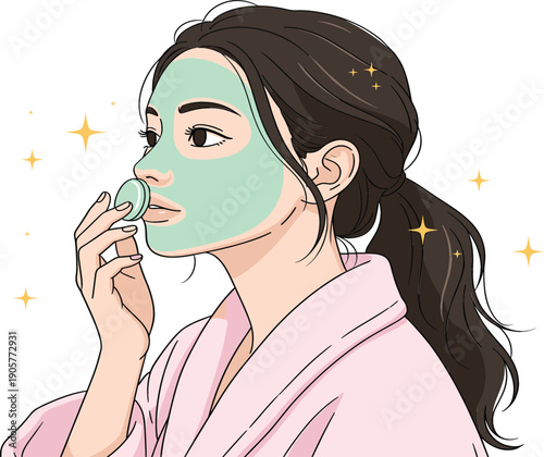 Beautiful young woman applying green clay face mask for skin care routine, spa treatment at home, healthy glowing skin concept, vector illustration isolated on white background.