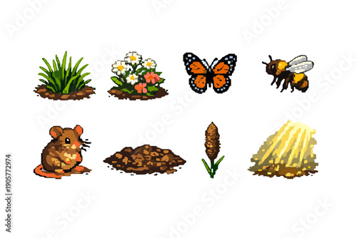 Nature and gardening icons set. Featuring plants, flowers, insects, soil, animals, and harvest symbols.