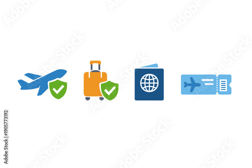 Travel and security icon set. Featuring airplane, passport, shield, border, customs, ticket, globe, and travel.
