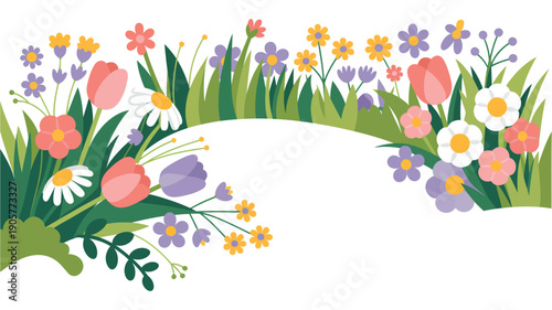 Flower illustration with colorful bouquet and green leaves on white background
