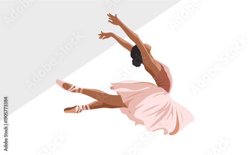 A vector graphic illustration of a ballerina in mid-leap against a minimalist background