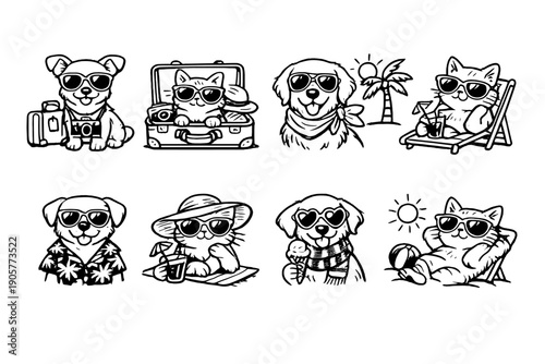 Pet Vacation Icons Set: Featuring Dogs, Cats, Sunglasses, Beach, Summer, Palm, Suitcase, Ice Cream, Relaxation and More