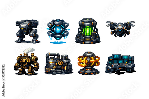 Futuristic Technology Icons Set. Including robot, drone, core, energy, control, mech, machine, circuit, apparatus, and more.