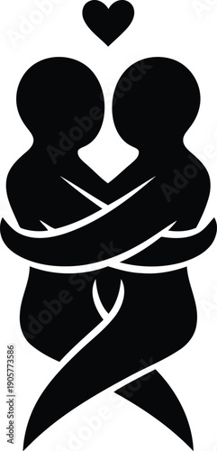 Romantic Silhouette of Embracing Couple with Heart Symbol for Love-Themed Design