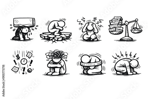 Stress and mental health icon set. Containing anxiety, pressure, balance, overwhelm, burnout, coping, support, and more.