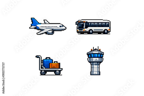 Transport and travel icon set. Containing airplane, bus, luggage, airport, tower, ticket, journey, vehicle and more.