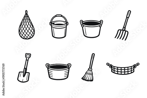Cleaning and Maintenance Icon Set. Containing bucket, broom, shovel, rake, basket, net, and more.