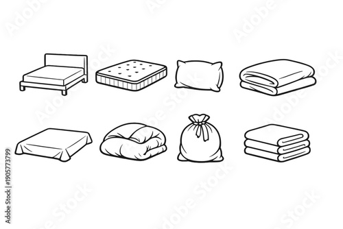 Bedding and furniture icon set. Including bed, mattress, pillow, blanket, duvet, sheet, linen, cushion and more.
