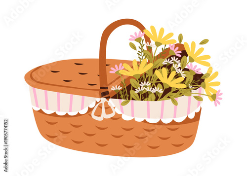 Spring flower basket on a white background. Pastel floral still life with eco and countryside lifestyle concept.