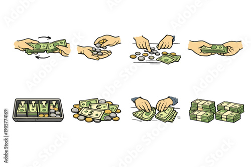 Finance and money icon set. Containing cash, currency, coins, banking, transactions, wallet, savings, investment, and more.