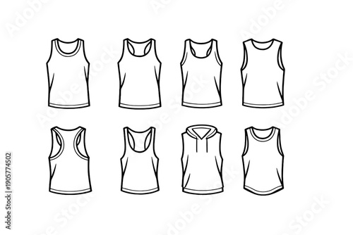 Clothing and apparel icon set. Featuring tank tops, shirts, hoodies, styles, fashion, wardrobe, casual, wear, outfits, garments.