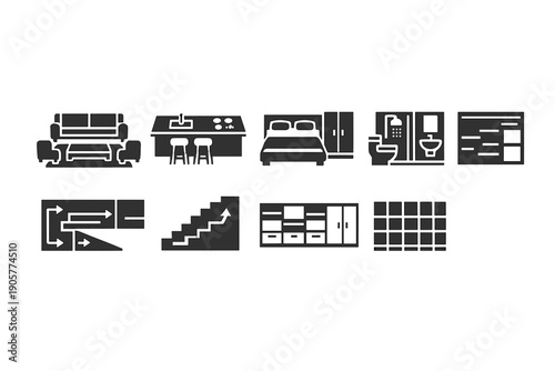 Home and interior icons set. Containing sofa, table, bed, fridge, bathroom, stairs, furniture, tiles and more.